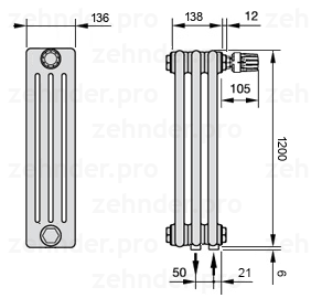 Схема (чертеж) Радиатор Zehnder Charleston 4120/3 №V002 Белый глянцевый RAL 9016